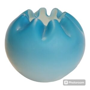 Fenton Fading Blue Satin Glass Rose Bowl Vase Decor Crimped Edge 4"